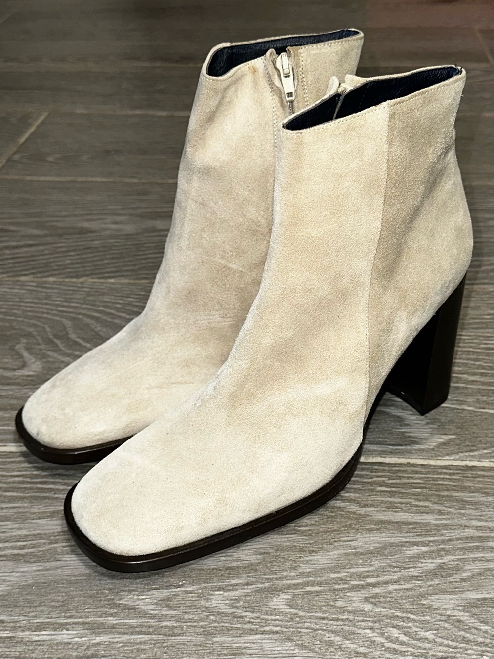 J.Crew Leather Ankle Boots Off White Soft Suede Women's 9.5 Stacked Block Heel